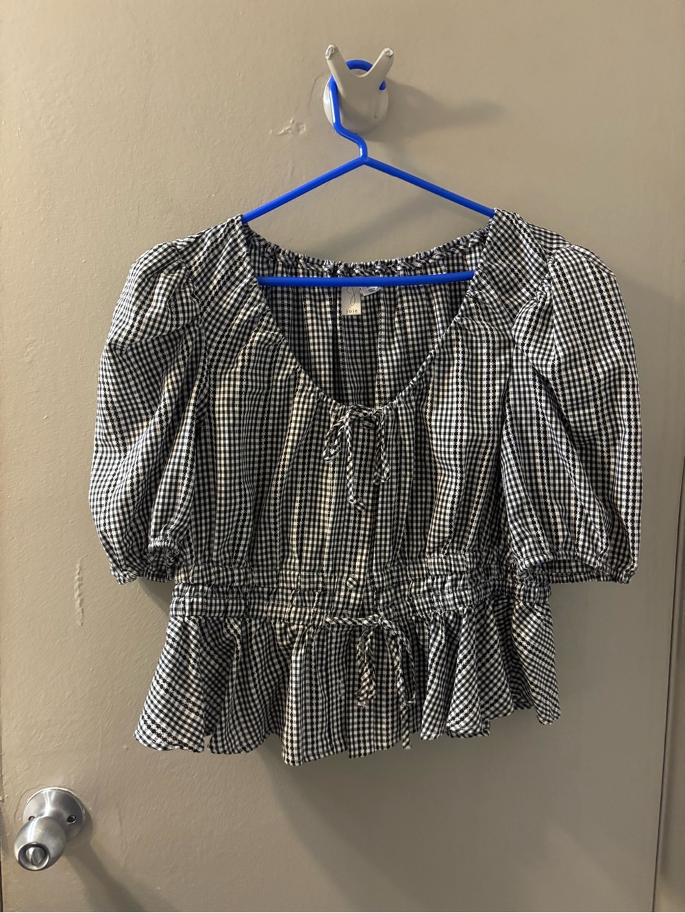 Joie Black & White Gingham Peplum Tie-Front Blouse